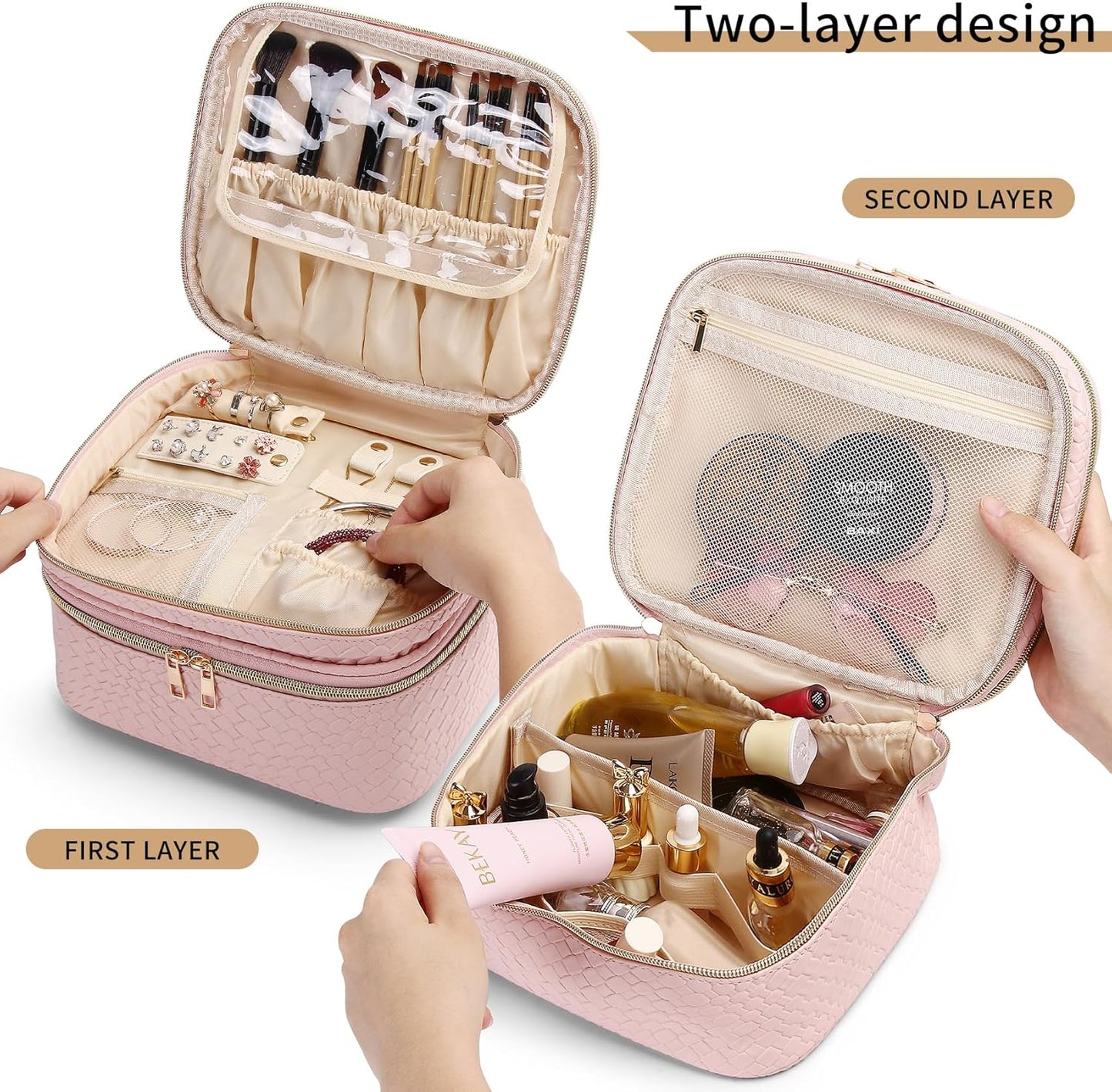 Pinkmik Travel Makeup Bag for Women Double Layer Cosmetic Bag